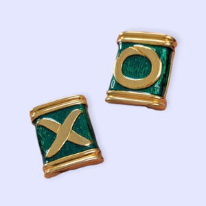 Whimsical XOs Kisses Clip-on Guilloche Enamel Goldplate Stud Earrings
